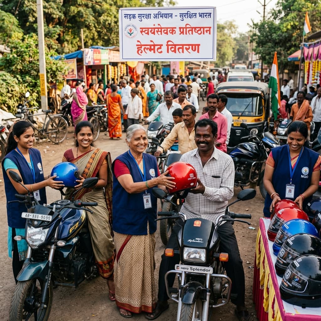Volunteers distributing helmets and safety gear to riders in India