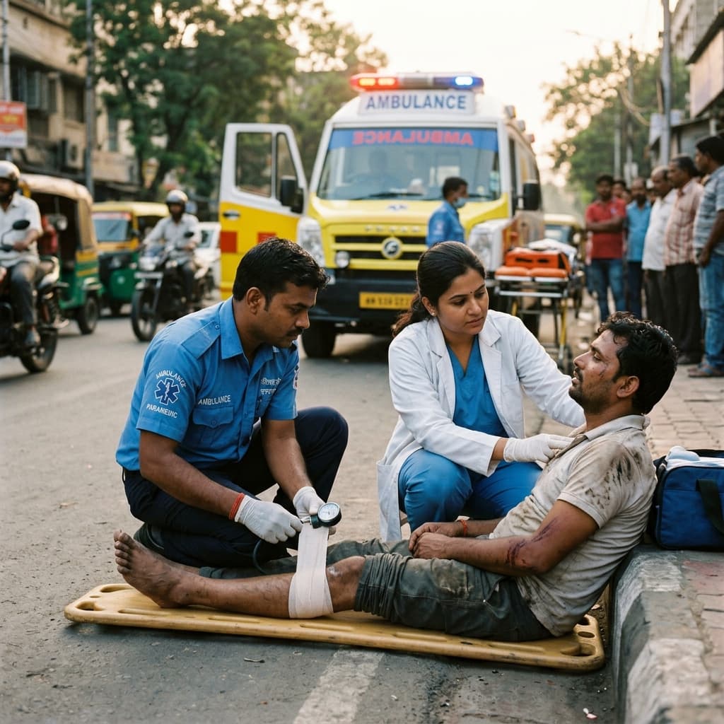 Paramedic providing emergency medical care