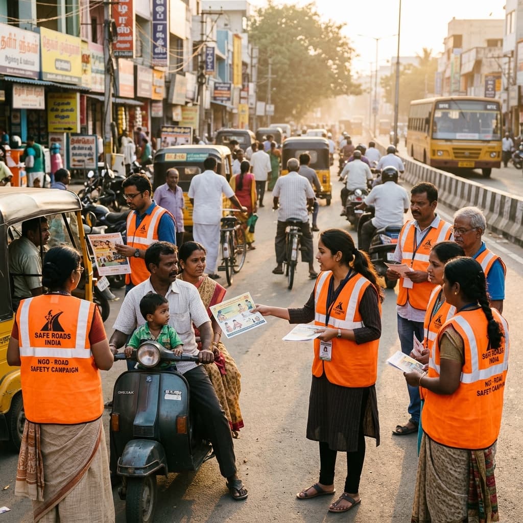 Volunteers working on a road safety awareness campaign in India